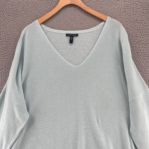 Eileen Fisher Sweater Womens 1X Plus Blue V Neck Knit Stretch Pullover Casual - Picture 2 of 9